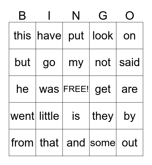 Sight Words Bingo Card