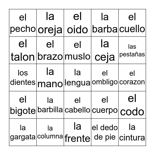 El Cuerpo Bingo Card