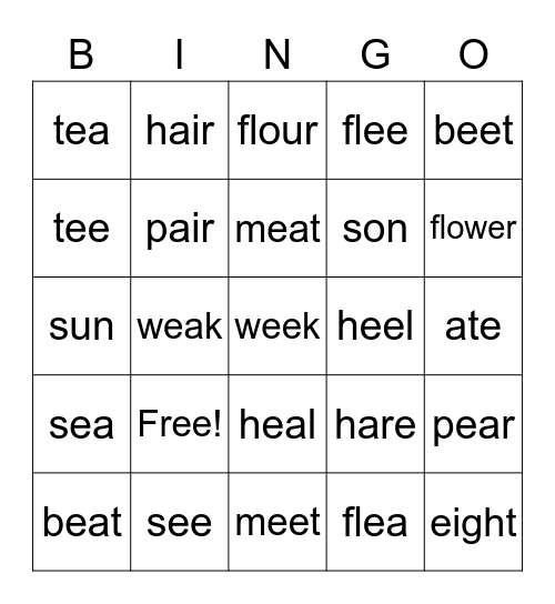 Homophones Bingo Card