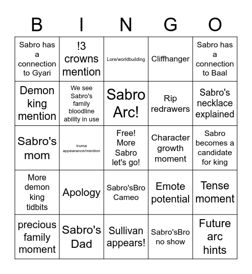 Sabro Bingo Card