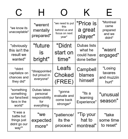 Leafs Post Exit Media Availability Bingo Card