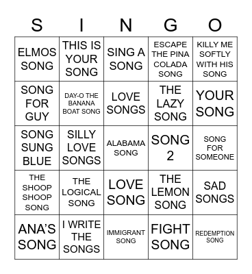652 SONGS WITH SONG IN TITLE Bingo Card