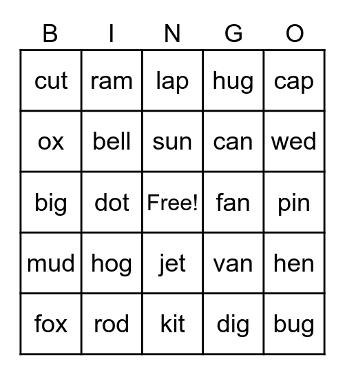 SHORT Bingo Card