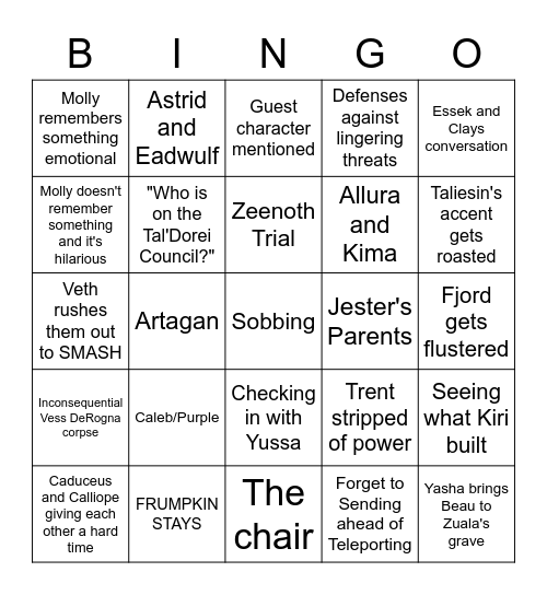 Mighty Nein finale Bingo Card