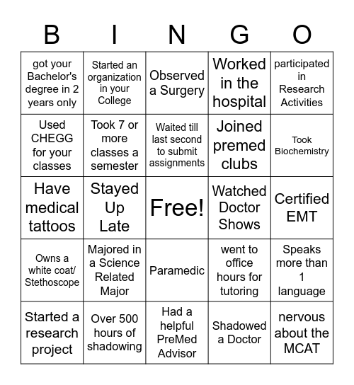 PreMed Bingo Card Bingo Card