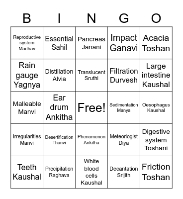 Grade 5 A Science Bridge Course Bingo Card