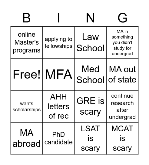 Grad School Bingo Card