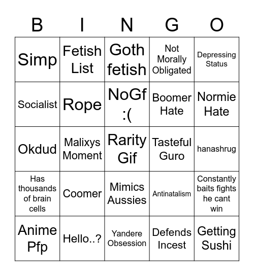 Malixys Bingo Card