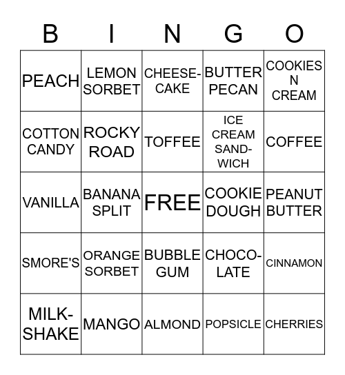 JENNA MAE'S ICE CREAM BINGO Card