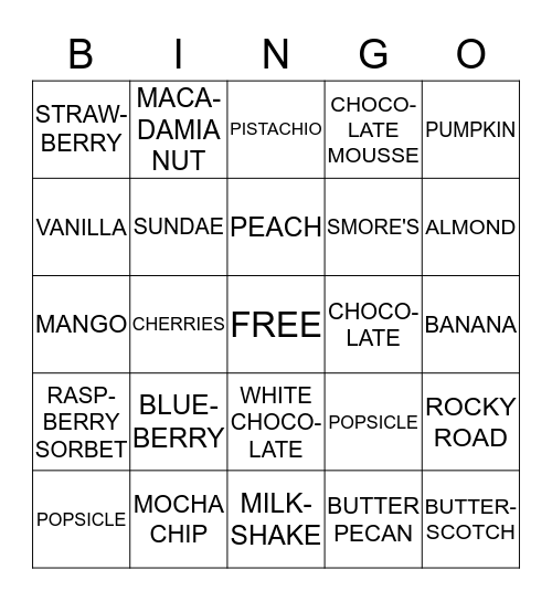 JENNA MAE'S ICE CREAM BINGO Card