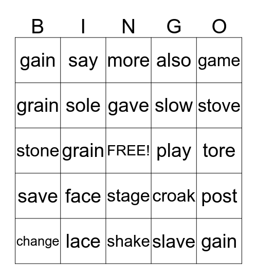 Long a and o Bingo Card
