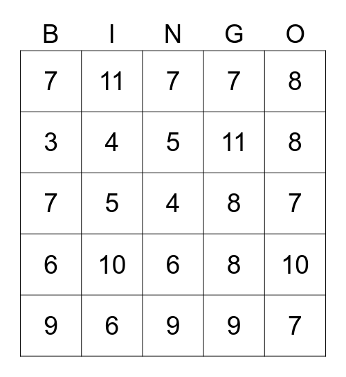 Dice Addition Bingo Card