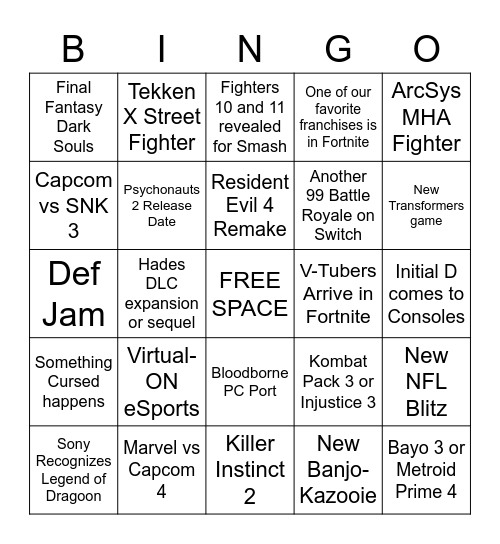 E3 2021 Bingo Card