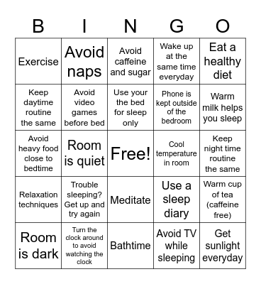 Good Sleep Hygiene Bingo Card