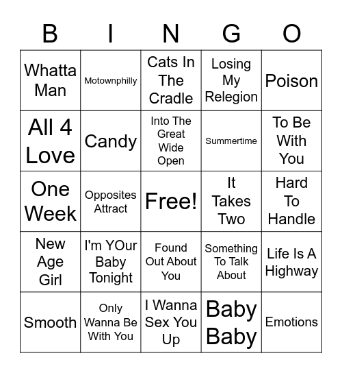 90s Hits Bingo Card