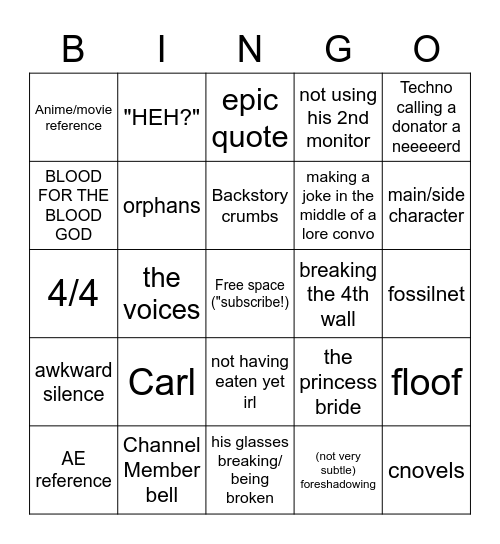 Techno Stream Bingo Card