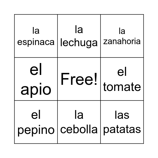 Las Verduras Bingo Card