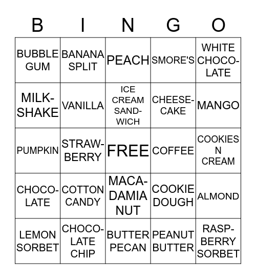 JENNA MAE'S ICE CREAM BINGO Card