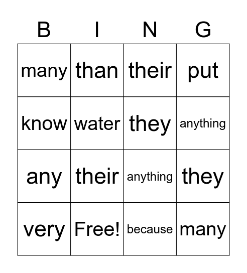 Spelling Words Bingo Card