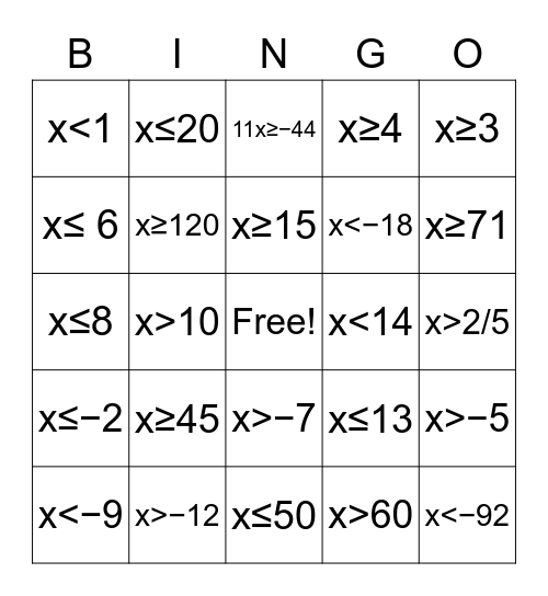 Inequalities Bingo Card