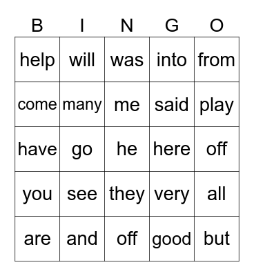 Sight Words Bingo Card