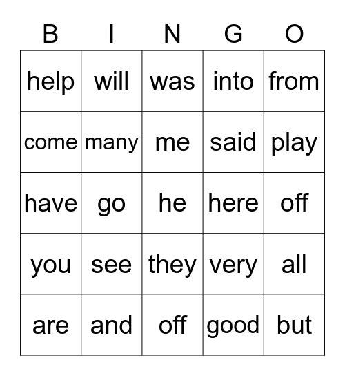 Sight Words Bingo Card