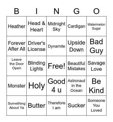 2020-2021 Songs Bingo Card