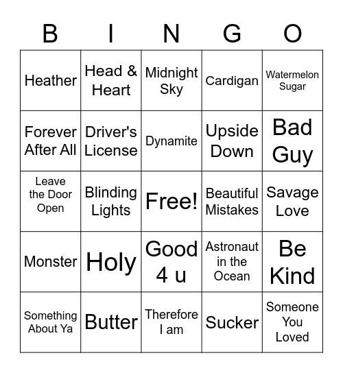 2020-2021 Songs Bingo Card