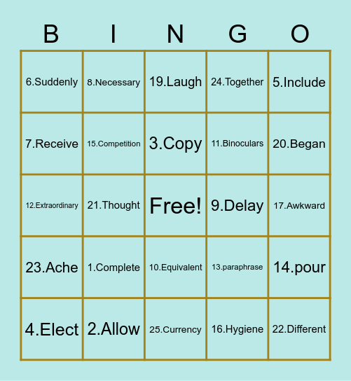 Say it, Define it, Act it BINGO Card