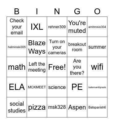 6th Grade Bingo Card