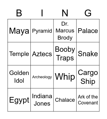 Indiana Jones Bingo Card