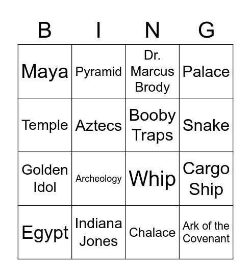 Indiana Jones Bingo Card