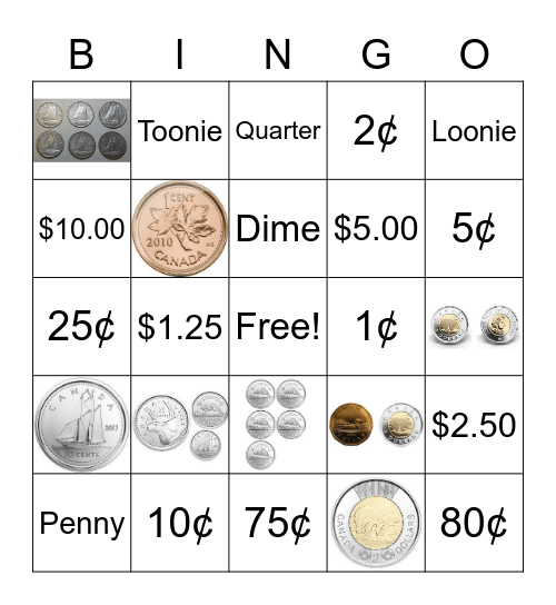 Canadian Money Grade 1 Bingo Card