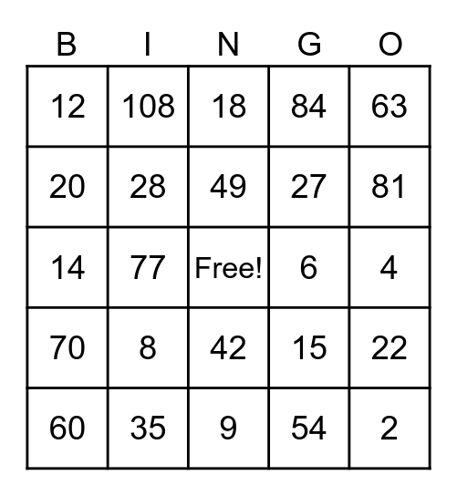 Seven, Two, Nine, Five Bingo Card