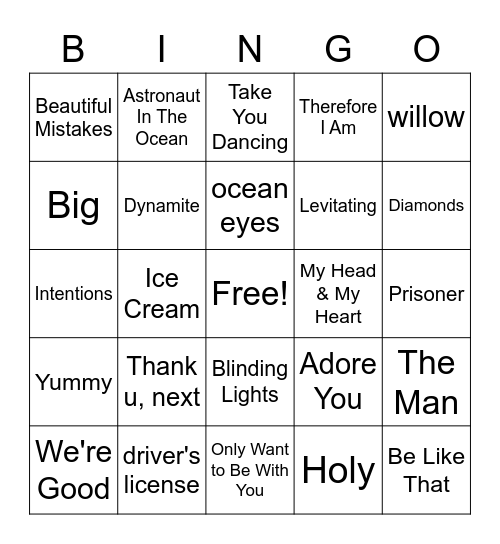 Song Bingo 3 Bingo Card