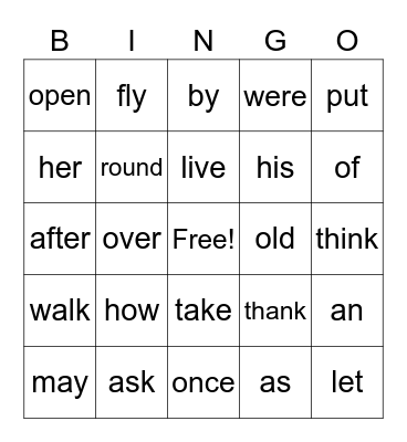 Sight Words - First Grade Bingo Card