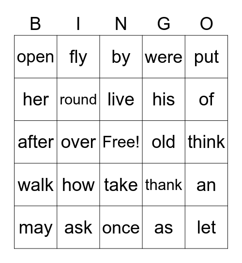 Sight Words - First Grade Bingo Card
