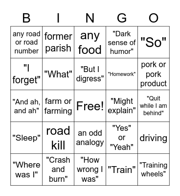 Fr. Perez's Homily Digression Bingo Card