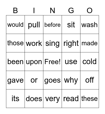 Sight Words - Second Grade Bingo Card