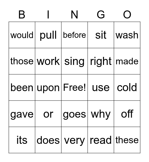 Sight Words - Second Grade Bingo Card
