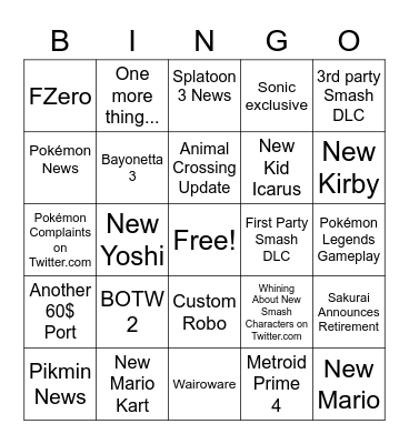 Nintendo Direct Bingo Card