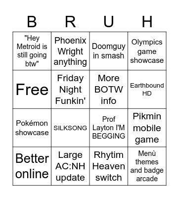 Nintendo E3 hopes Bingo Card