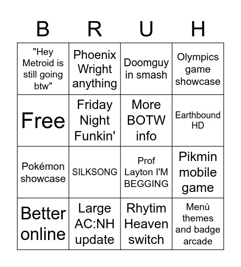 Nintendo E3 hopes Bingo Card