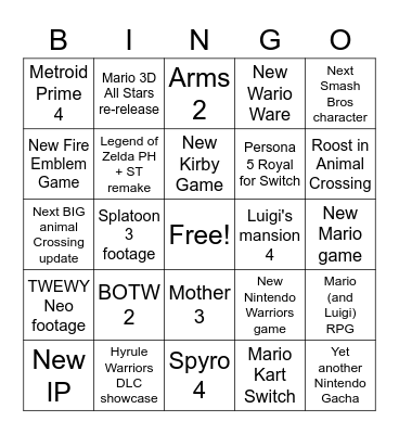 Nintendo Bingo Card