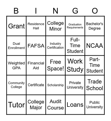 High School/College Term BINGO Card