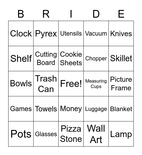 Wedding Gift Bingo Card