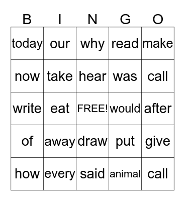 Unit 2 HFW Bingo Card