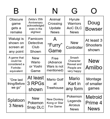 Nintendo E3 Bingo Card