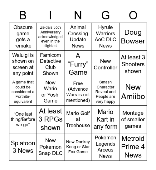 Nintendo E3 Bingo Card