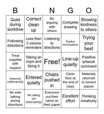 Art Behavior Bingo Card